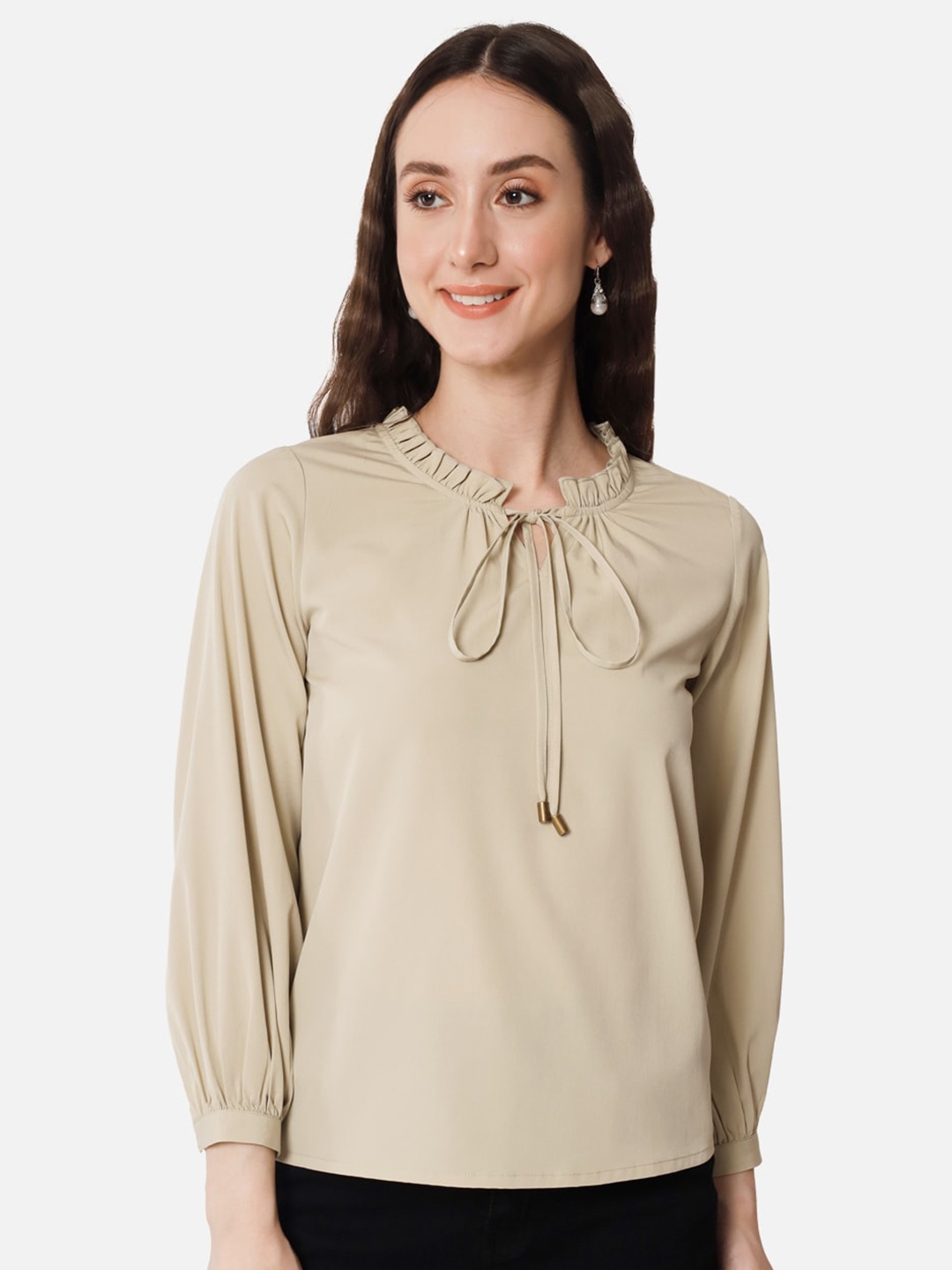 

ALL WAYS YOU Tie-Up Neck Cuffed Sleeves Regular Top, Beige