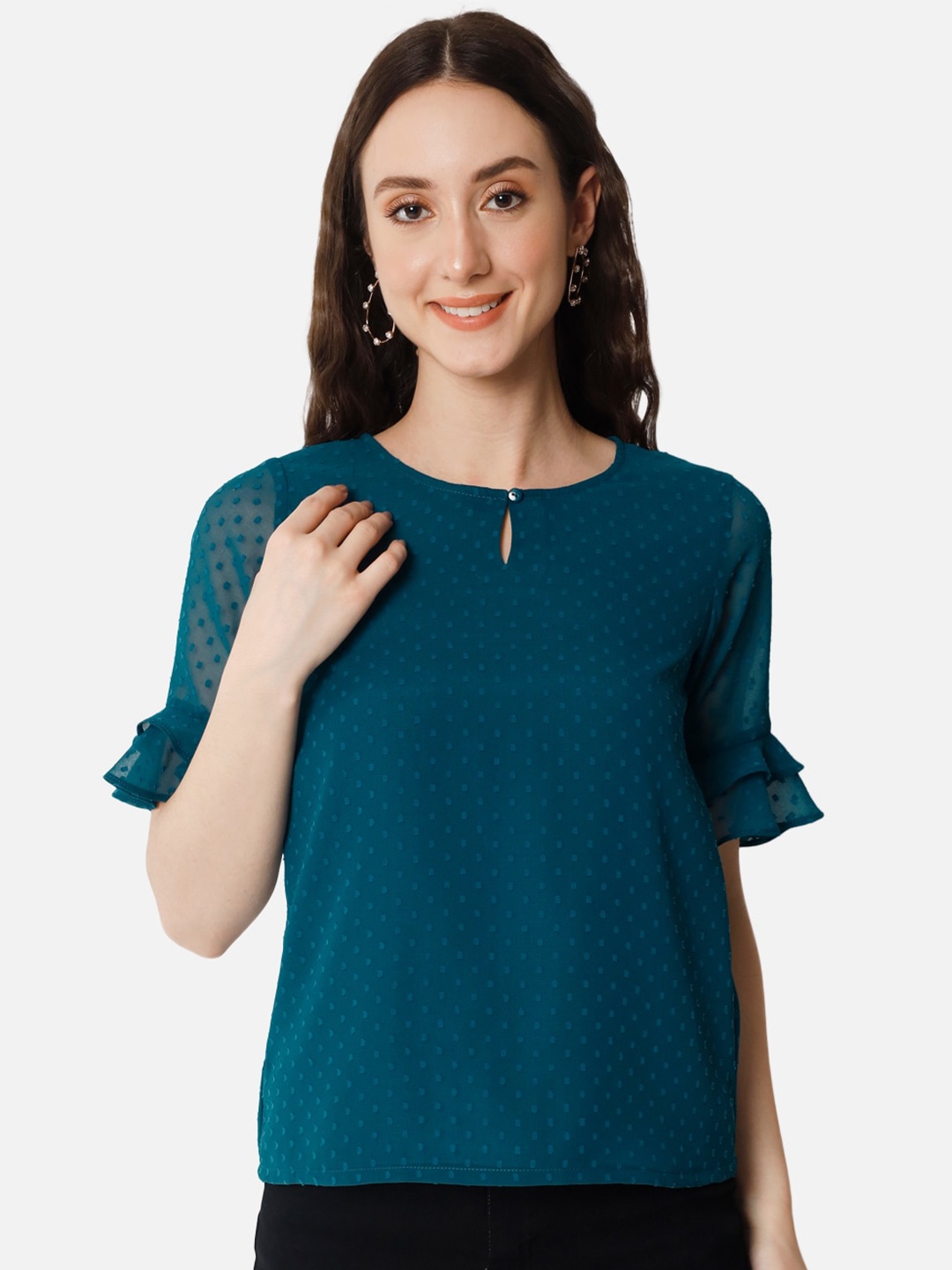 

ALL WAYS YOU Self-Design Keyhole Neck Bell Sleeve Top, Teal