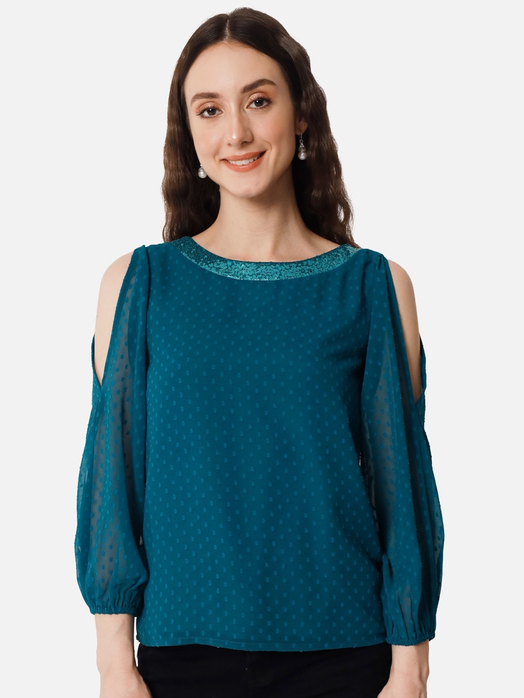 

ALL WAYS YOU Embellished Cold-Shoulder Georgette Top, Teal