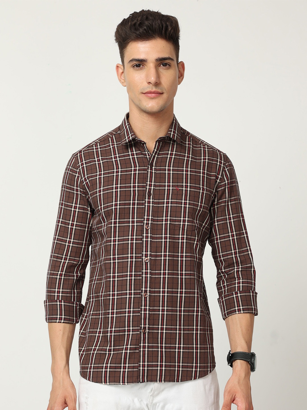 

Classic Polo India Slim Slim Fit Tartan Checked Opaque Cotton Casual Shirt, Brown