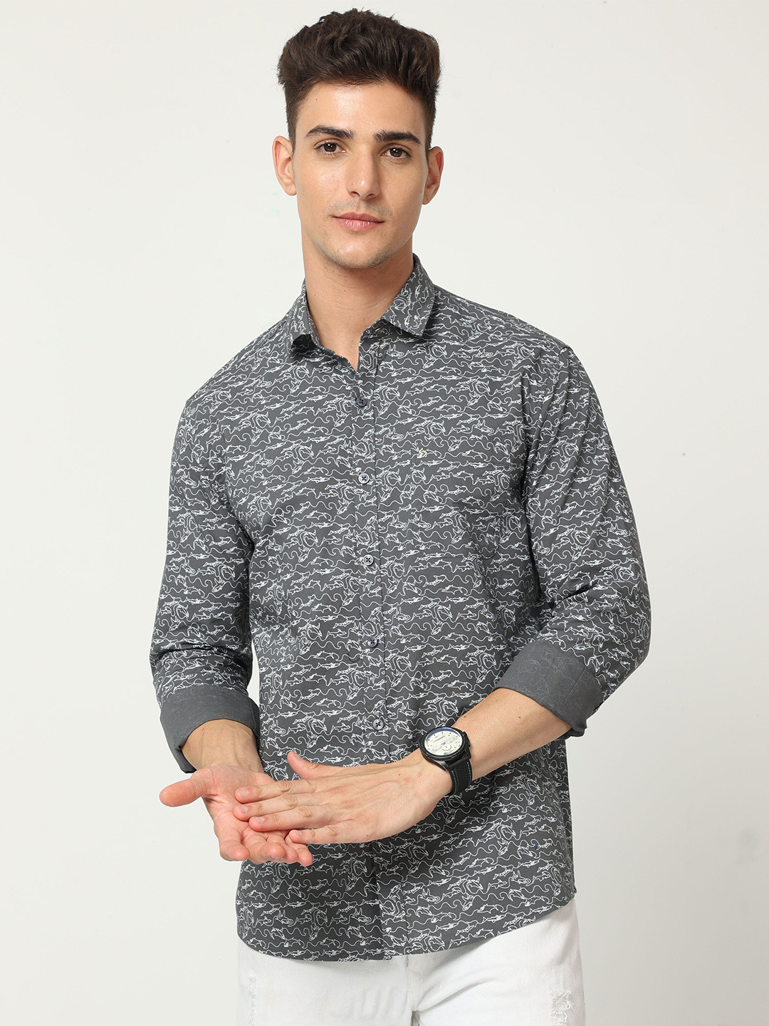 

Classic Polo India Slim Slim Fit Abstract Printed Cotton Casual Shirt, Grey