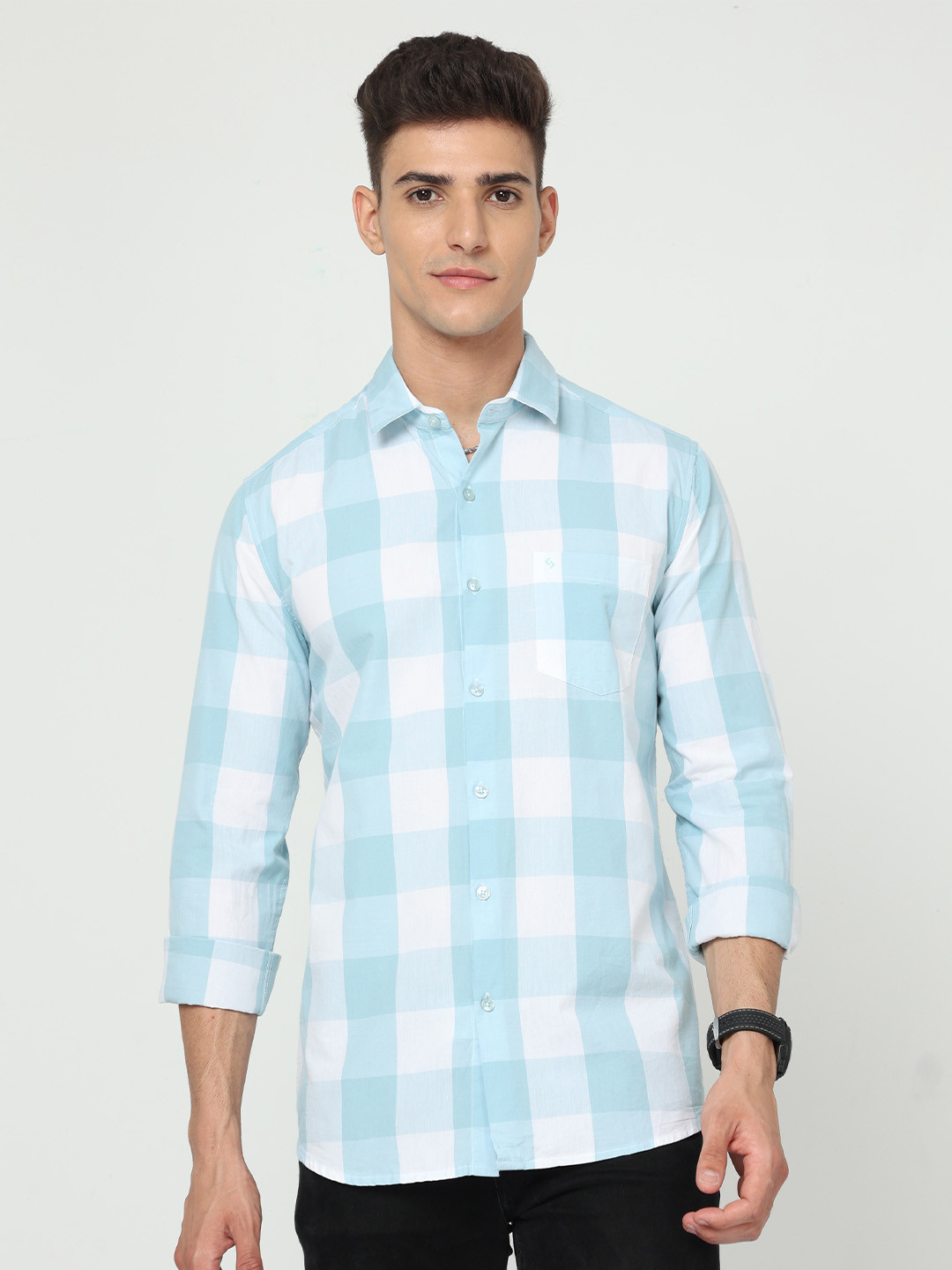 

Classic Polo India Slim Slim Fit Gingham Checked Opaque Cotton Casual Shirt, Blue