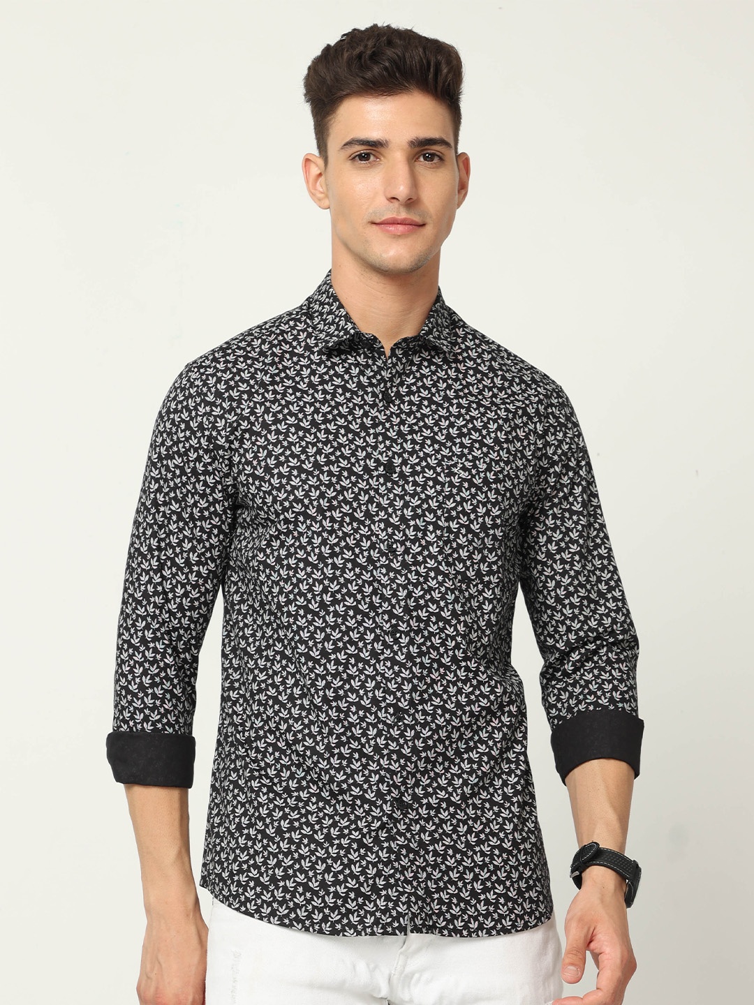 

Classic Polo India Slim Slim Fit Floral Printed Cotton Casual Shirt, Black