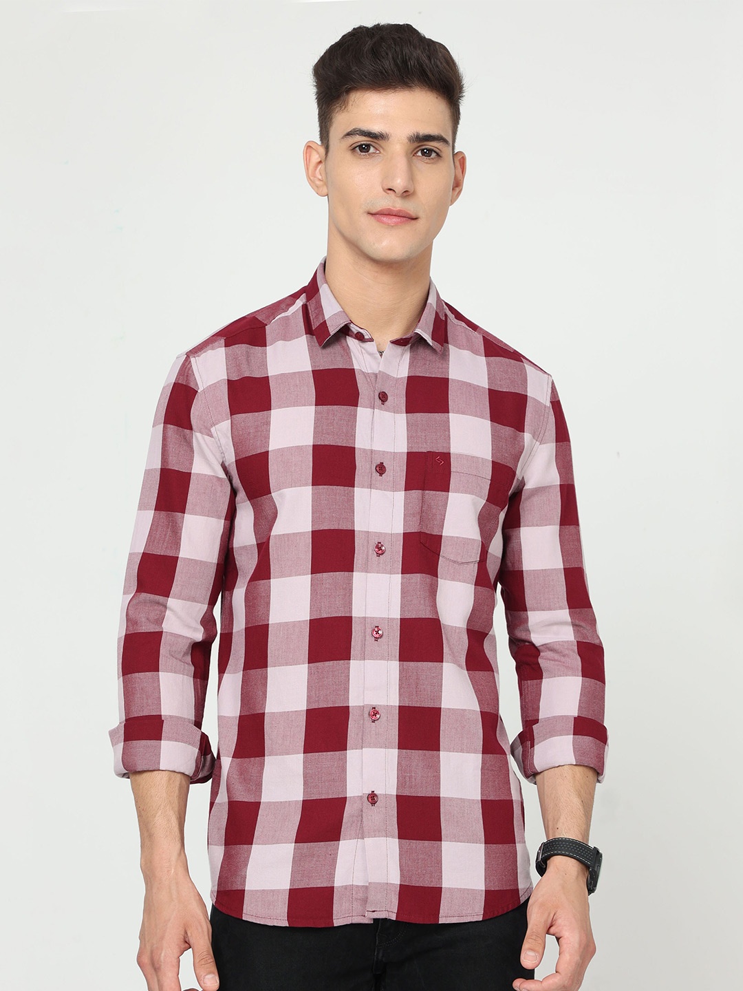 

Classic Polo India Slim Slim Fit Buffalo Checked Cotton Casual Shirt, Maroon