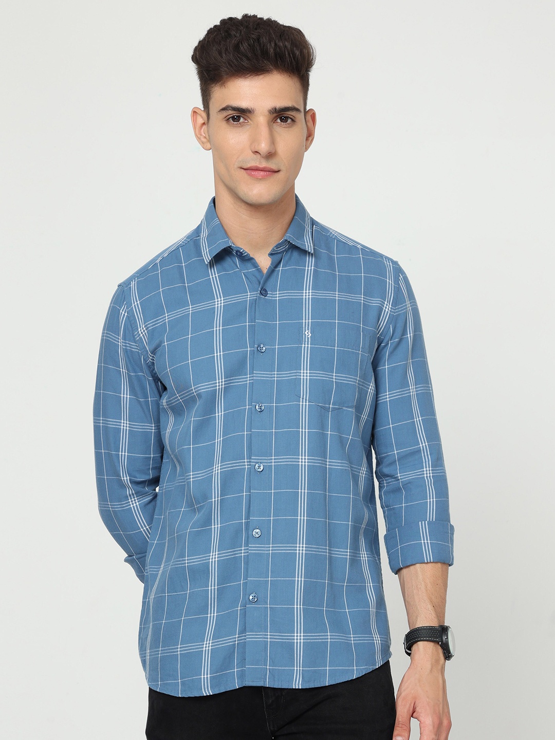 

Classic Polo India Slim Slim Fit Windowpane Checked Cotton Casual Shirt, Blue