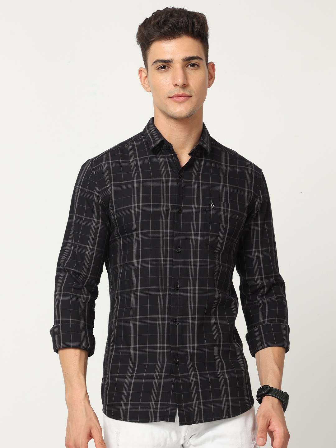 

Classic Polo India Slim Slim Fit Tartan Checked Cotton Casual Shirt, Black