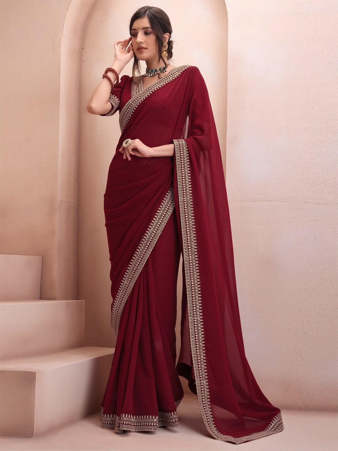 

Inddus Maroon Embroidered Saree