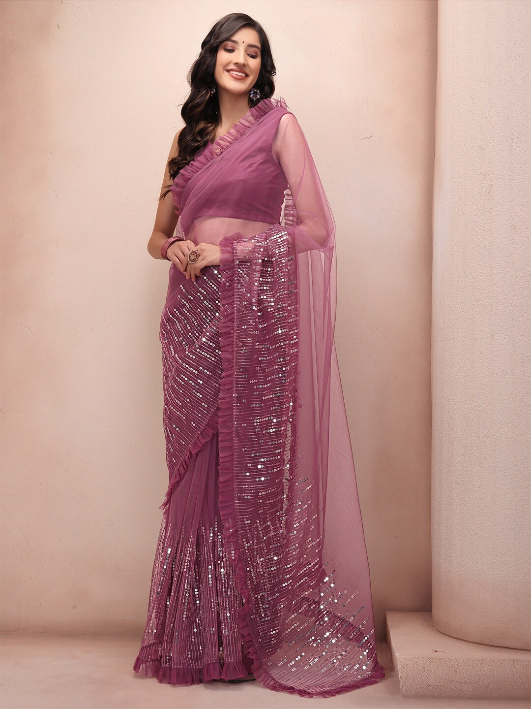 

Inddus Pink Embellished Sequinned Net Saree