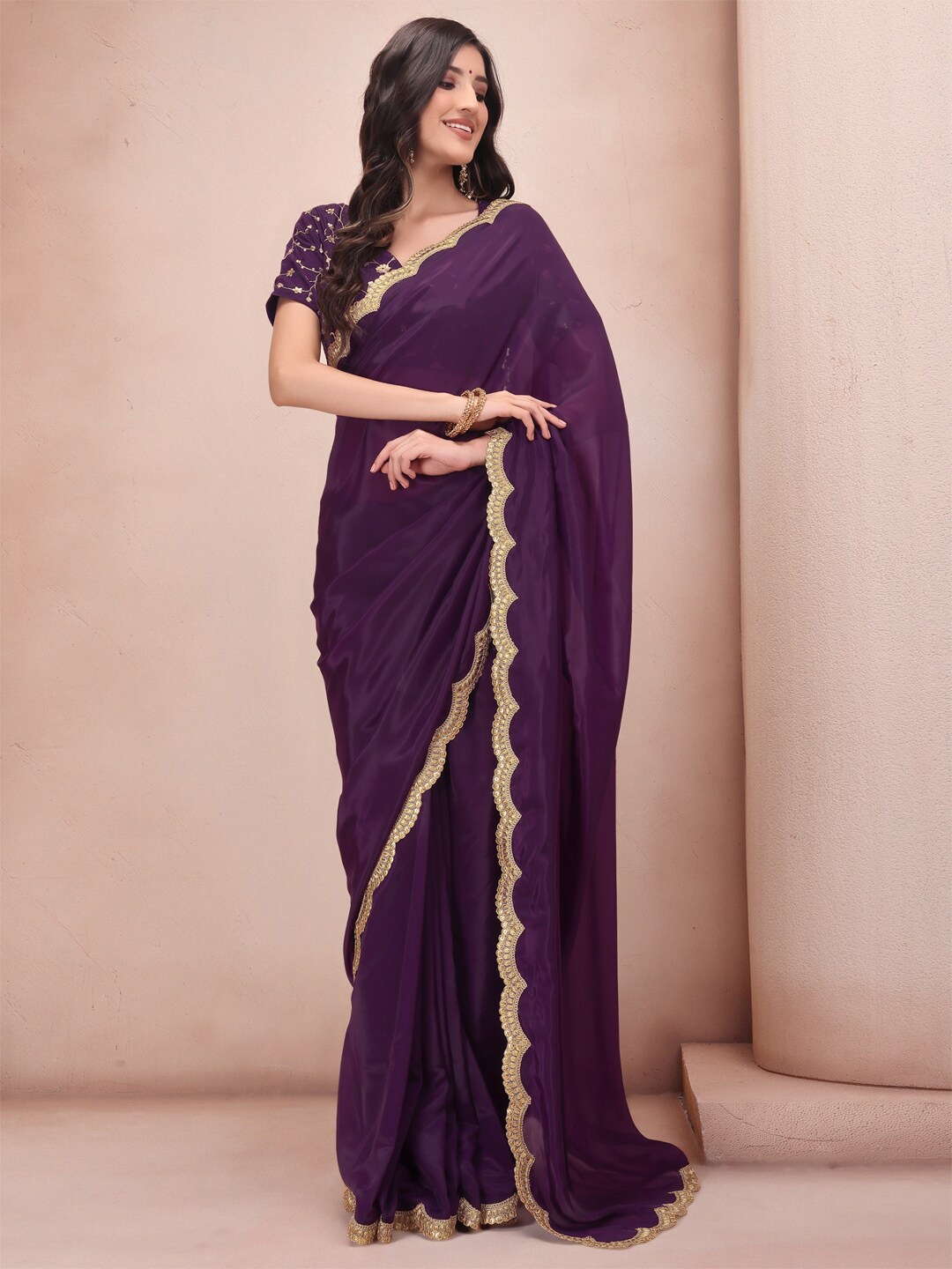 

Inddus Purple & Gold-Toned Embroidered Organza Saree