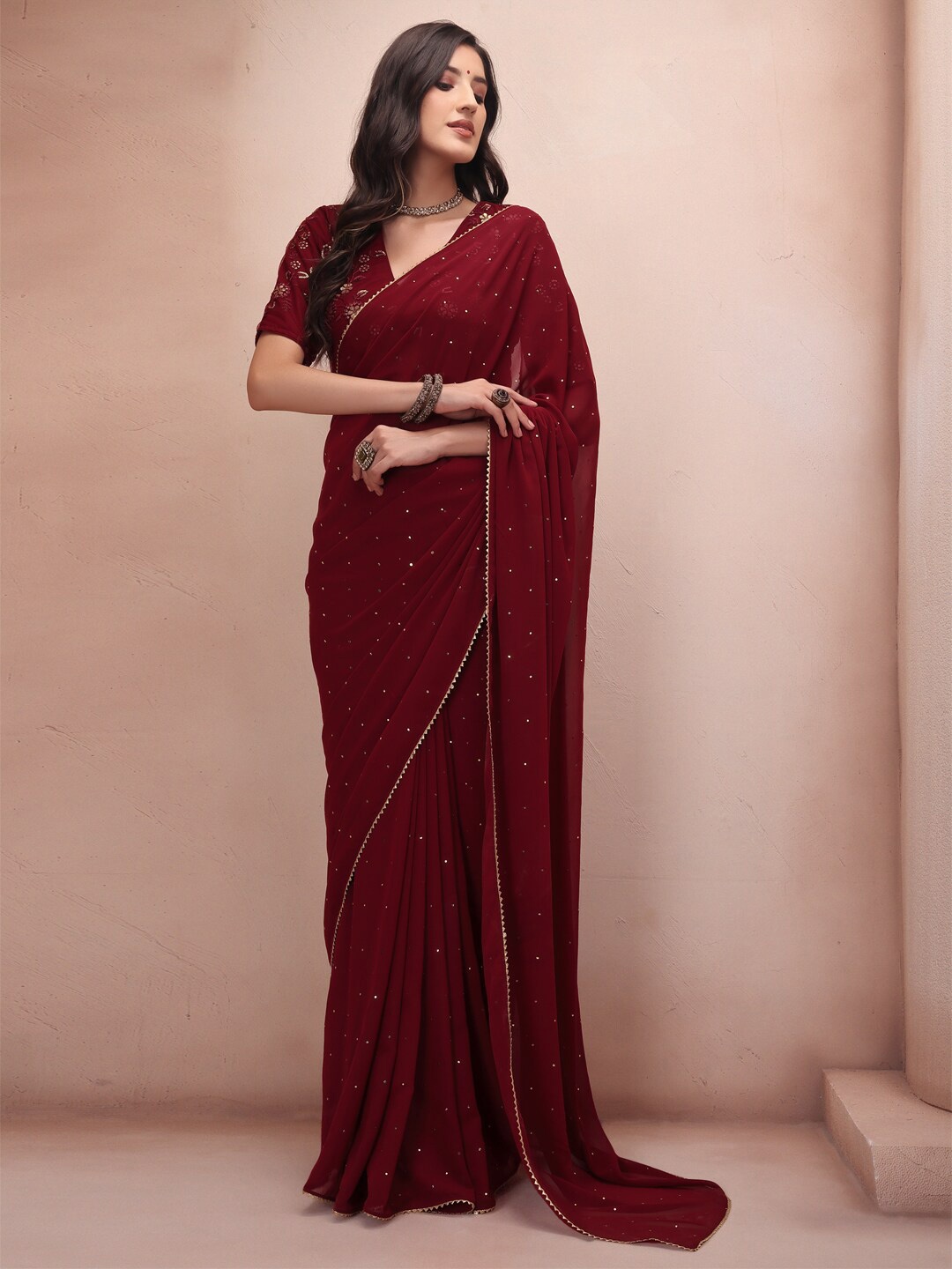 

Inddus Embellished Mukaish Poly Georgette Saree, Maroon