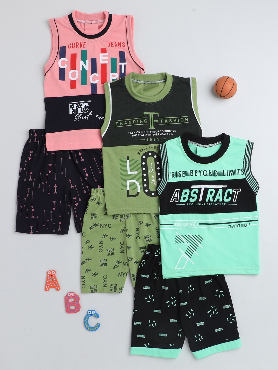 

BAESD Boys Pack Of 3 Printed Pure Cotton T-shirt with Shorts, Sea green
