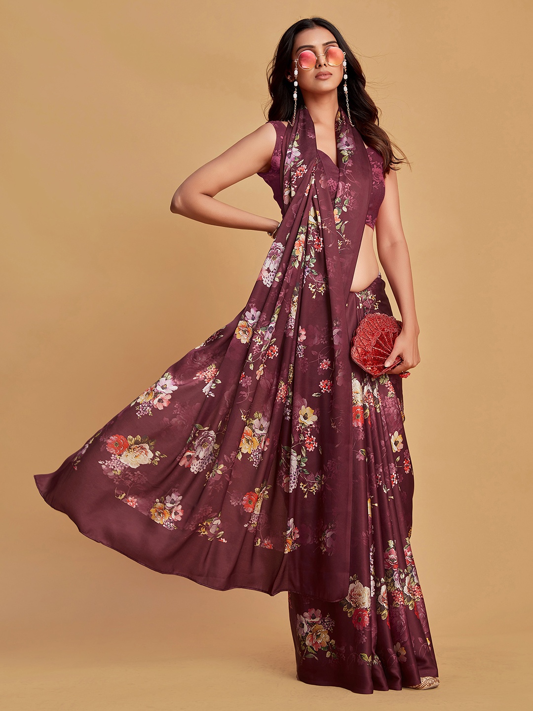 

Sangria Burgundy Floral Printed Satin Saree