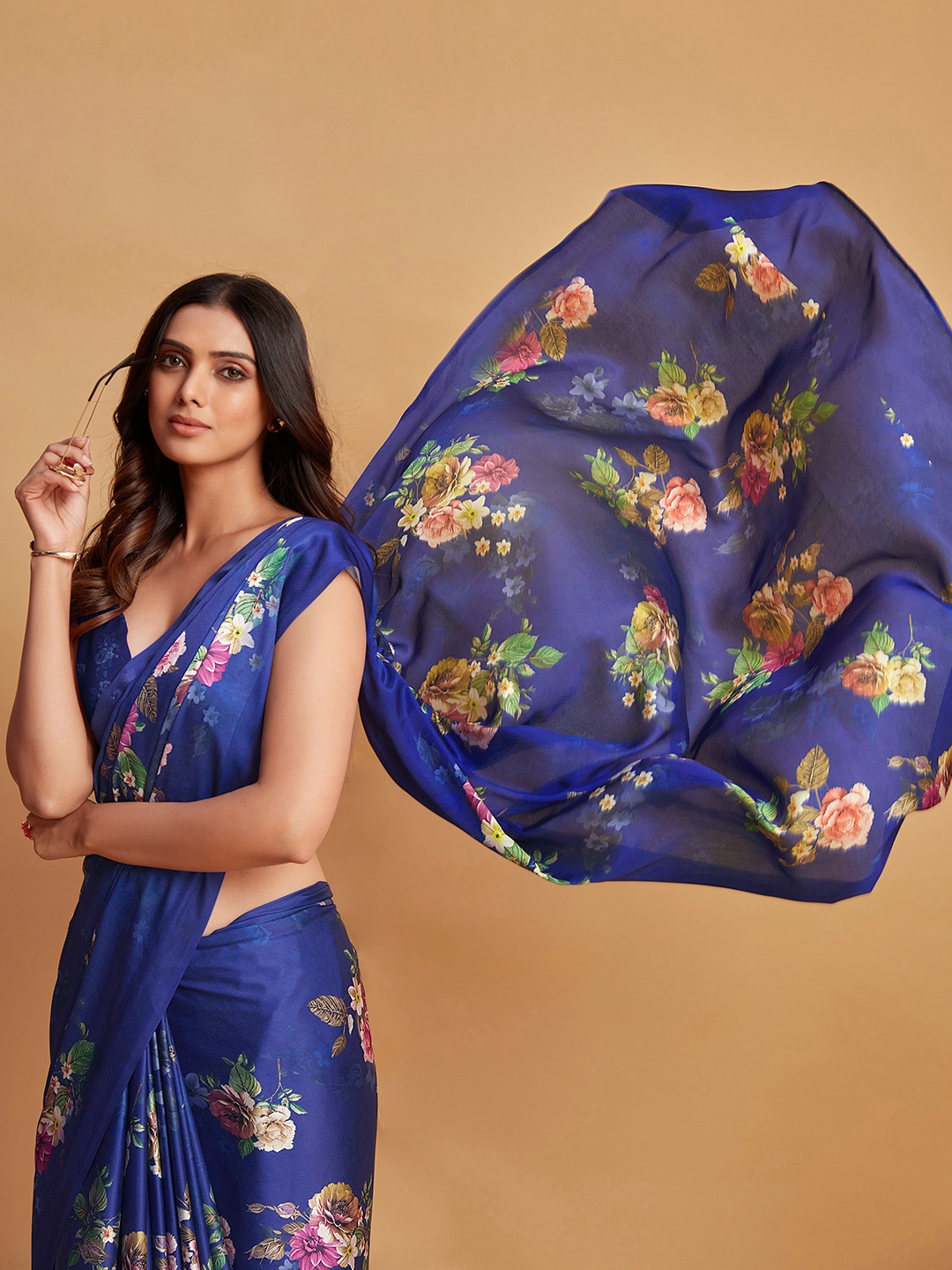 

Sangria Blue Floral Printed Satin Saree