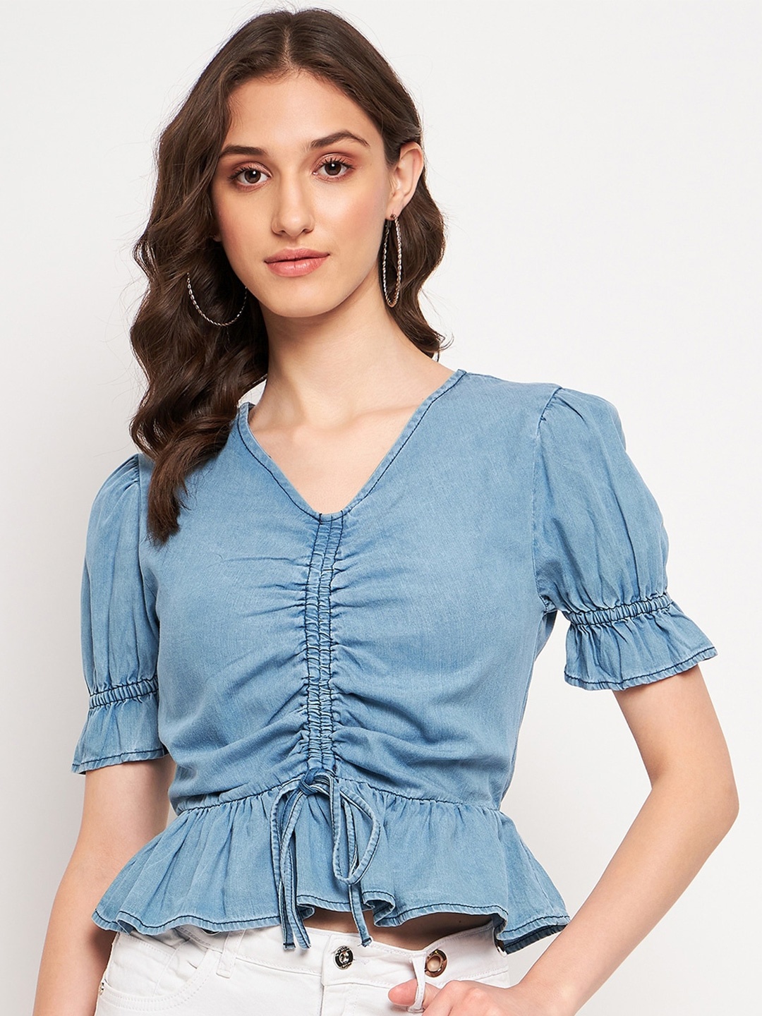 

Madame Puff Sleeves Cotton Cinched Waist Top, Blue