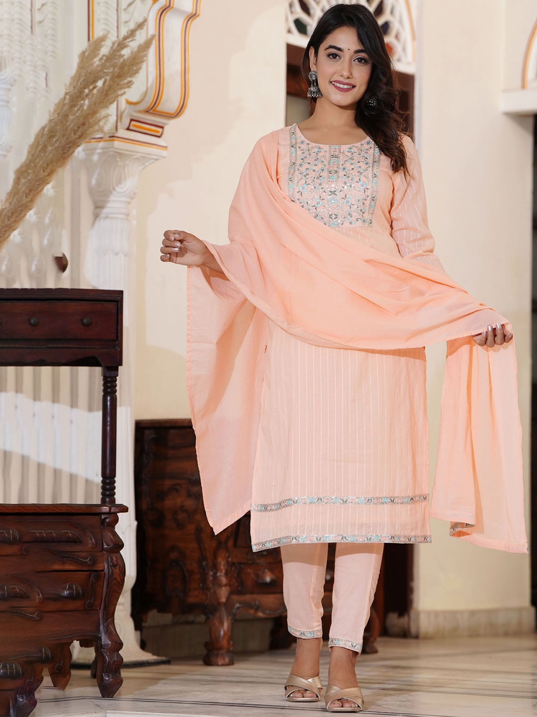 

PREKSHA Ethnic Motifs Yoke Design Sequinned Pure Cotton Kurta With Trousers & Dupatta, Peach