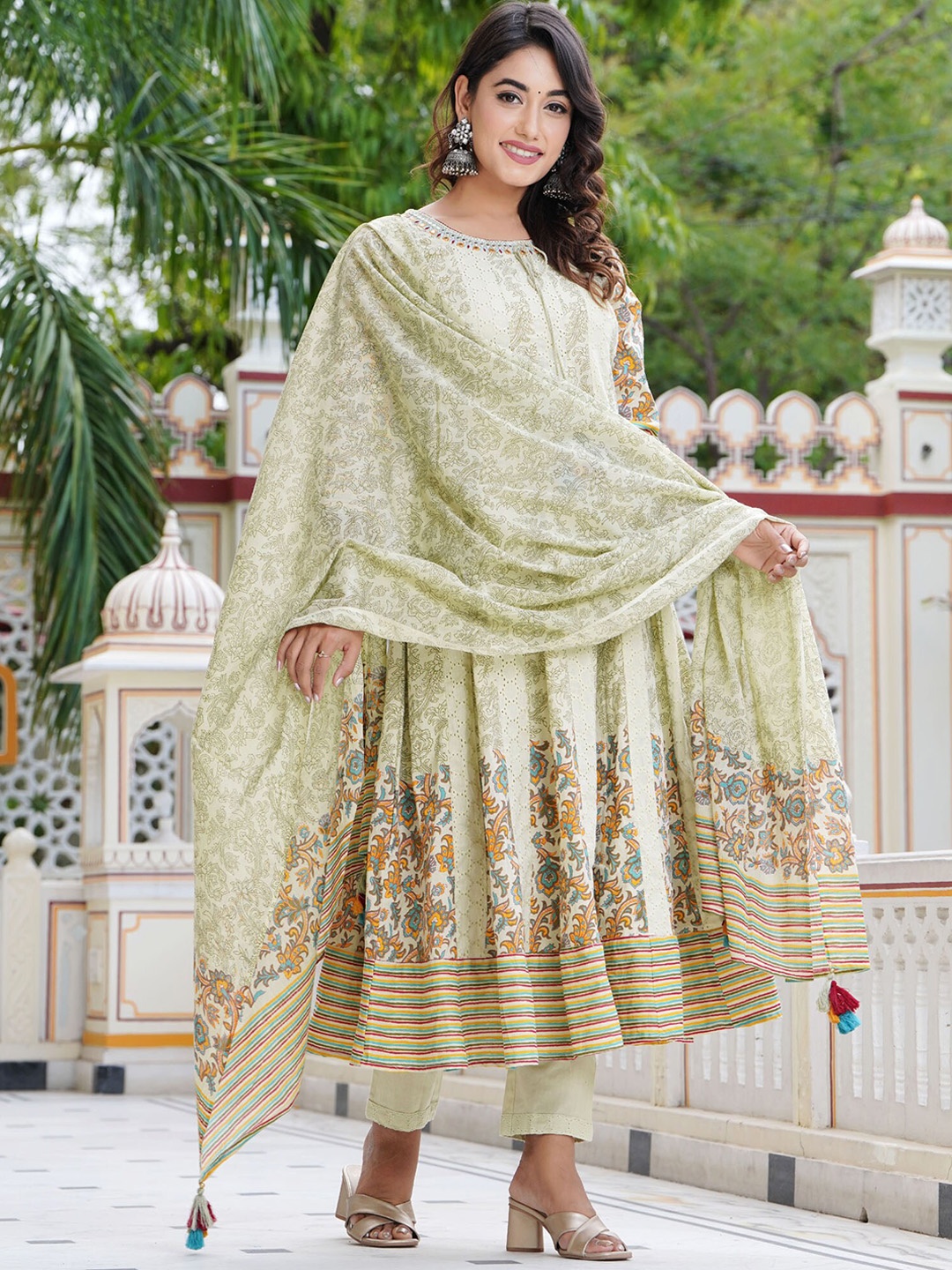 

PREKSHA Ethnic Motifs Embroidered Mirror Work Pure Cotton Kurta With Trousers & Dupatta, Sea green