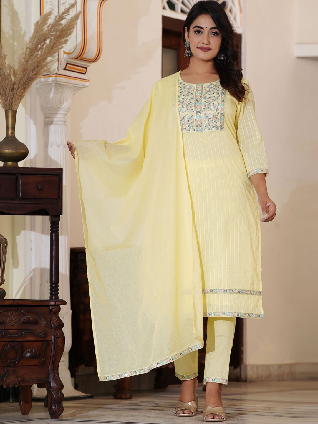 

PREKSHA Ethnic Motifs Embroidered Sequinned Pure Cotton Kurta With Trousers & Dupatta, Yellow