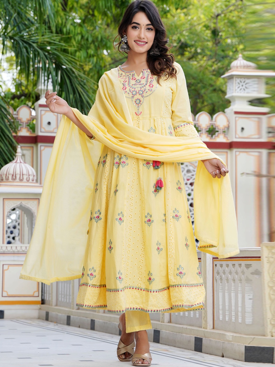 

PREKSHA Ethnic Motifs Embroidered Mirror Work Pure Cotton Kurta With Trousers & Dupatta, Yellow