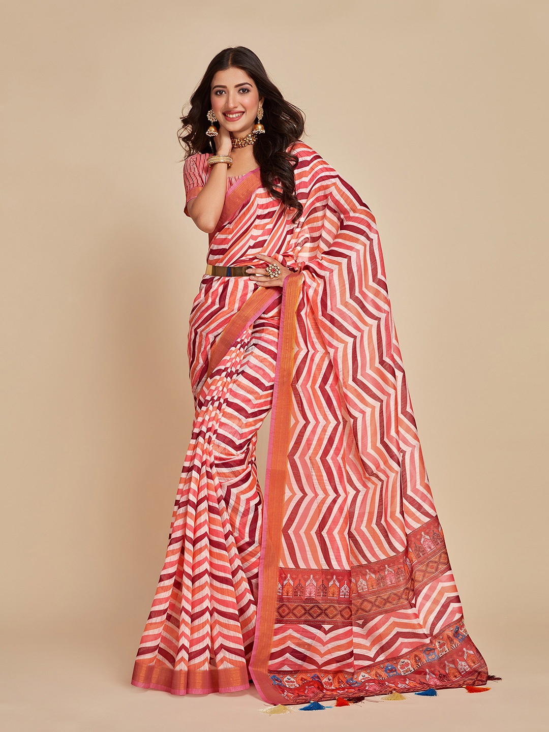 

Sangria Pink Chevron Printed Chanderi Saree