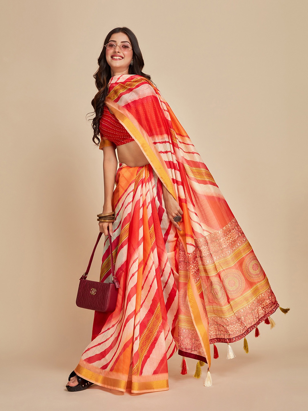 

Sangria Red & White Leheriya Printed Zari Saree