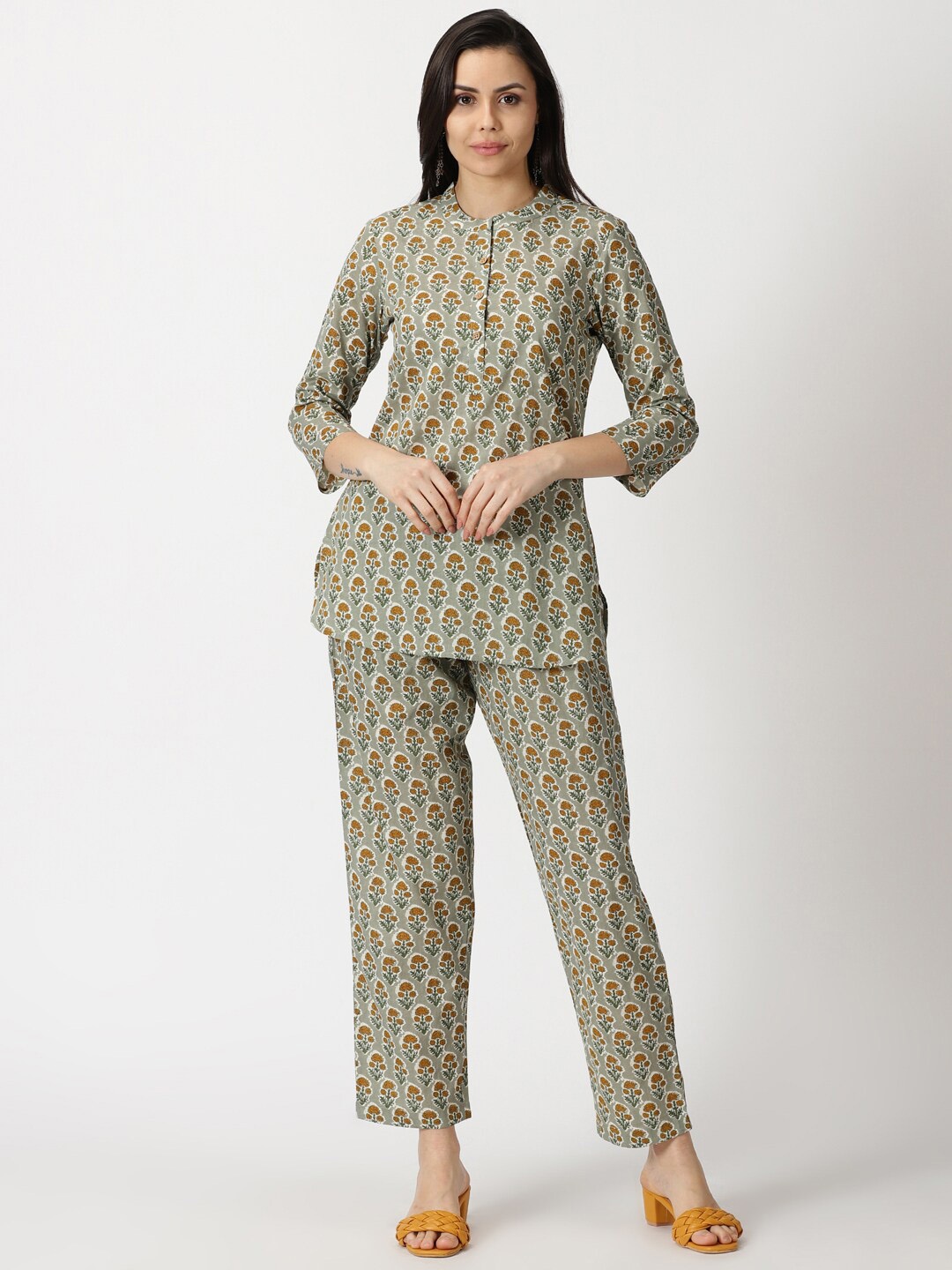 

Saffron Threads Ethnic Floral Printed Cotton Tunic & Palazzos, Green