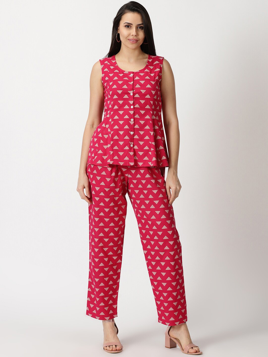 

Saffron Threads Printed Cotton Shirt Style Top & Palazzo Co-Ords, Pink