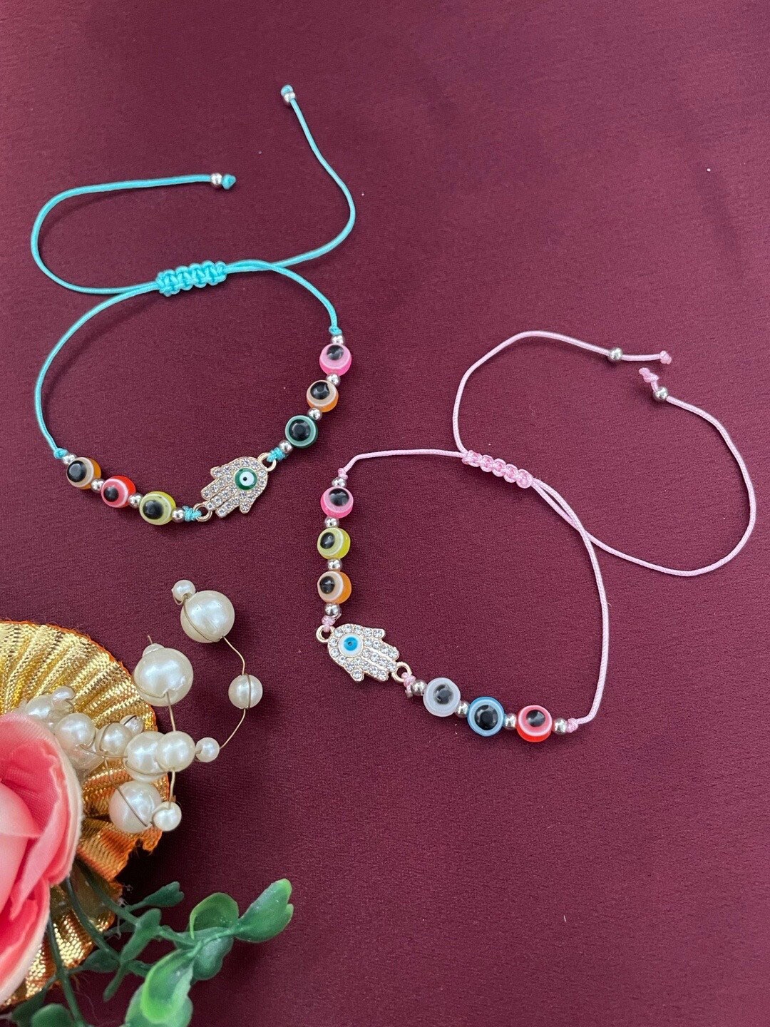 

Digital Dress Room Set Of 2 Evil Eye & Hamsa Charm Rakhi, Blue