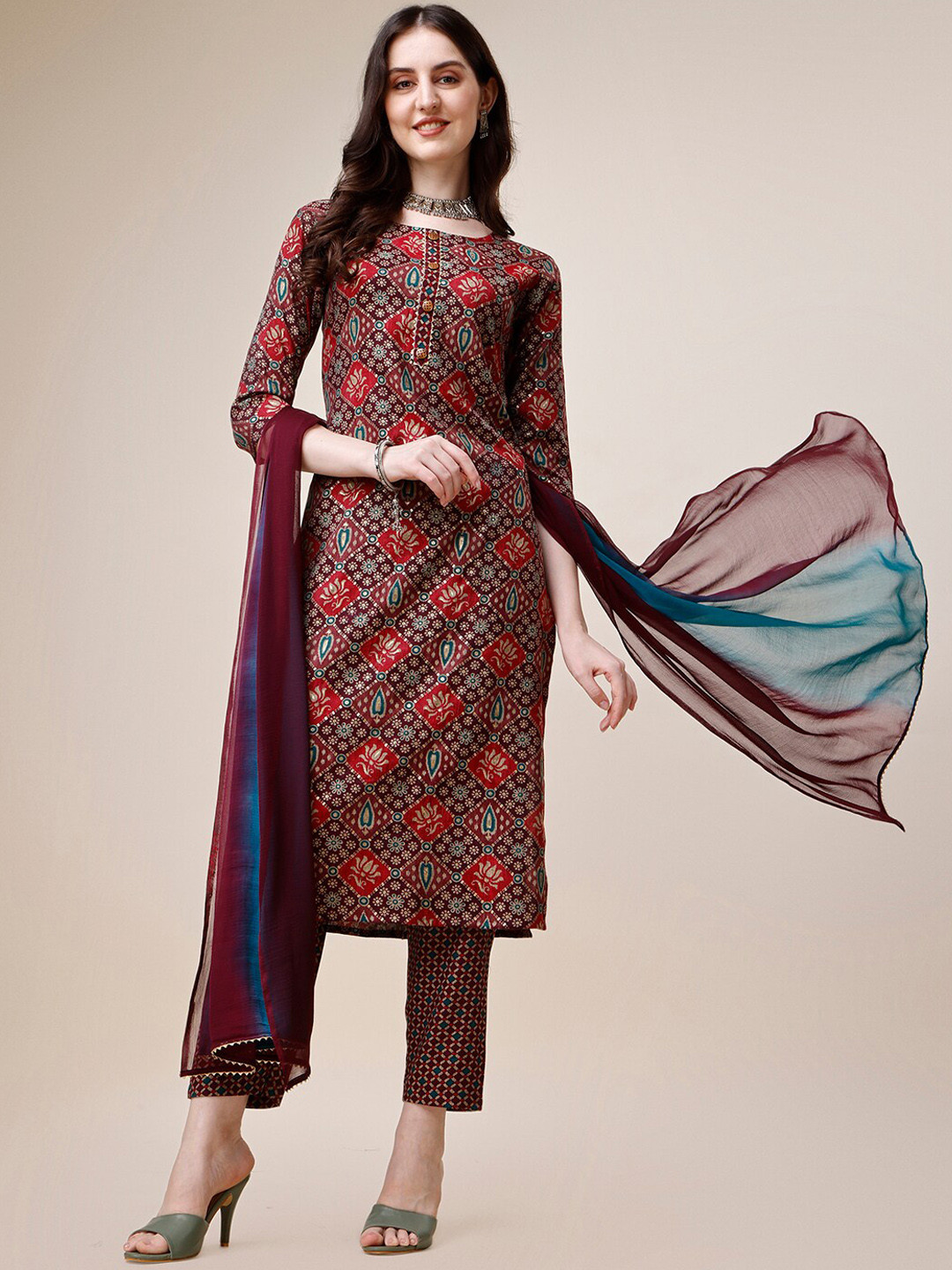 

Berrylicious Ethnic Motifs Embroidered Regular Kurta With Trousers & Dupatta, Brown