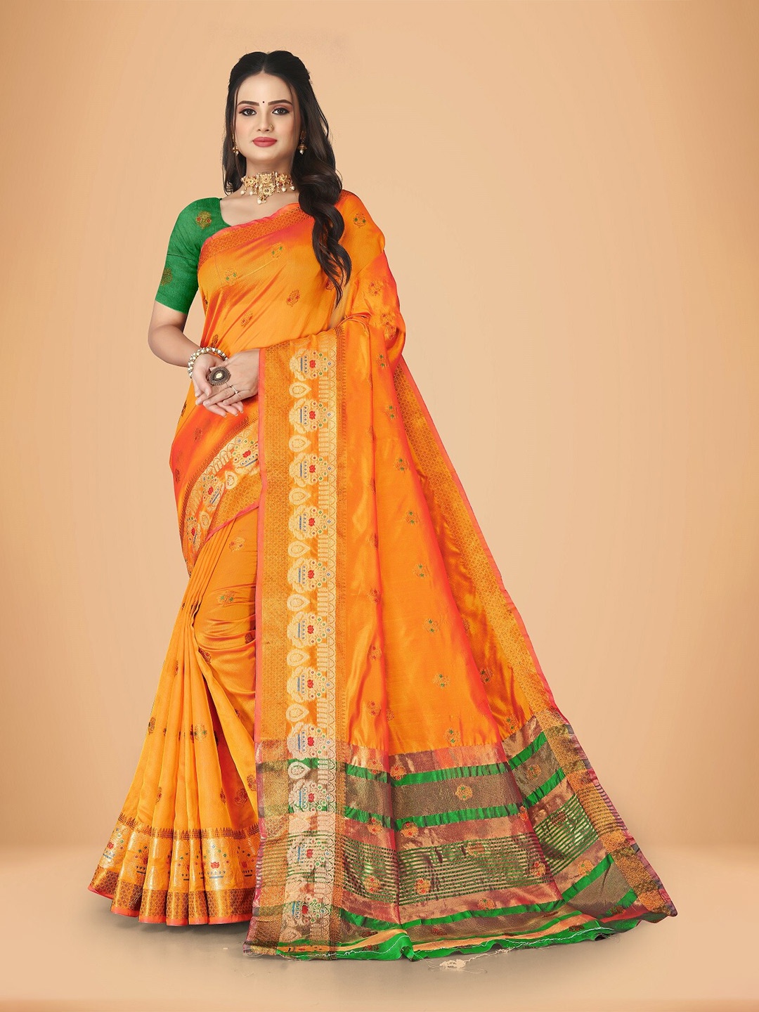

Rivana Ethnic Motifs Woven Design Zari Banarasi Saree, Orange