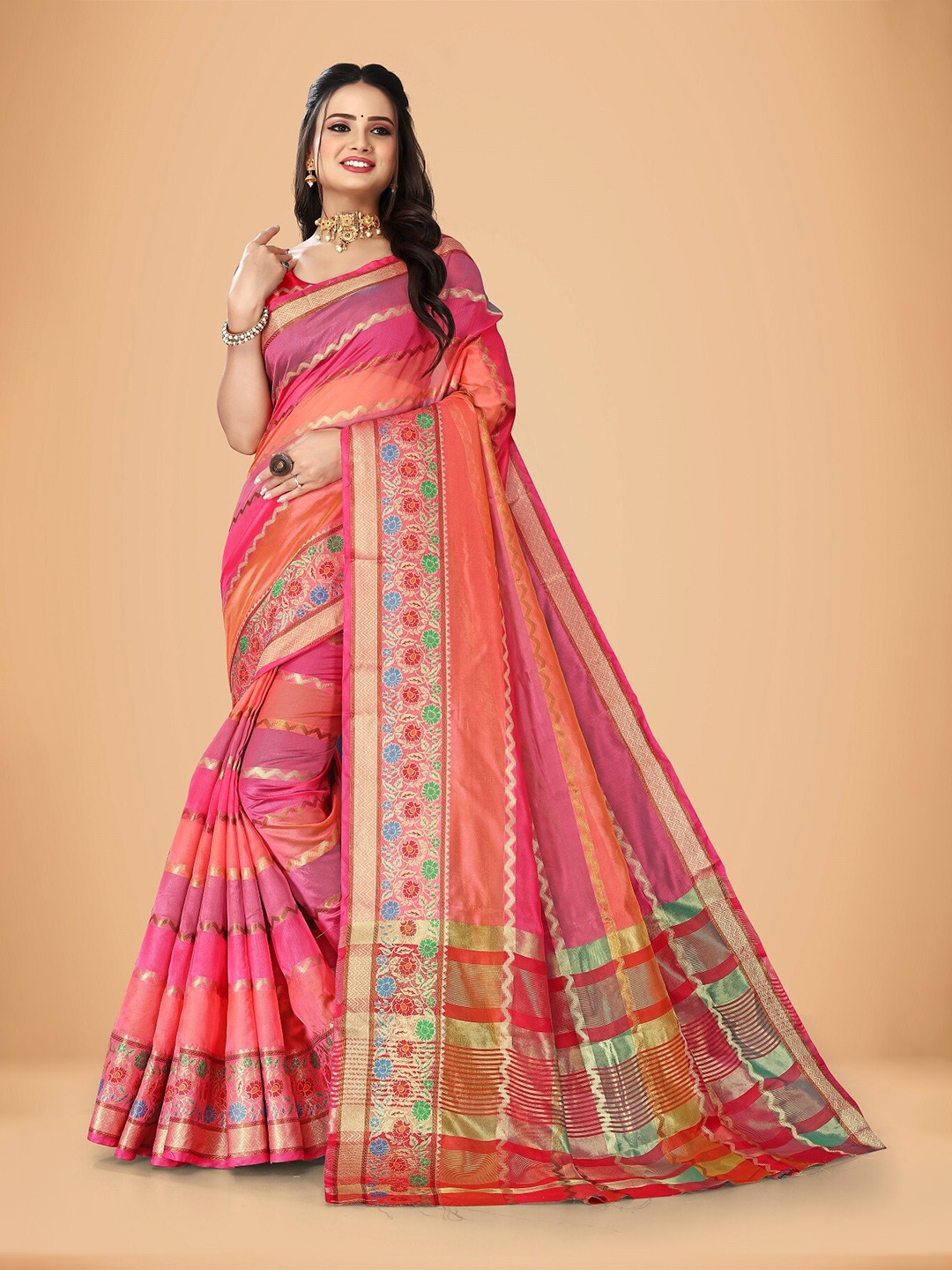 

Rivana Floral Woven Design Zari Banarasi Saree, Peach