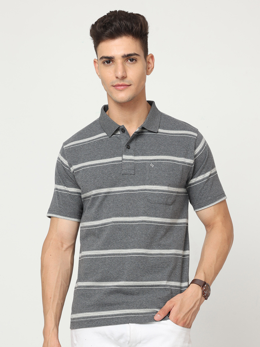 

Classic Polo Striped Polo Collar Cotton T-shirt, Grey