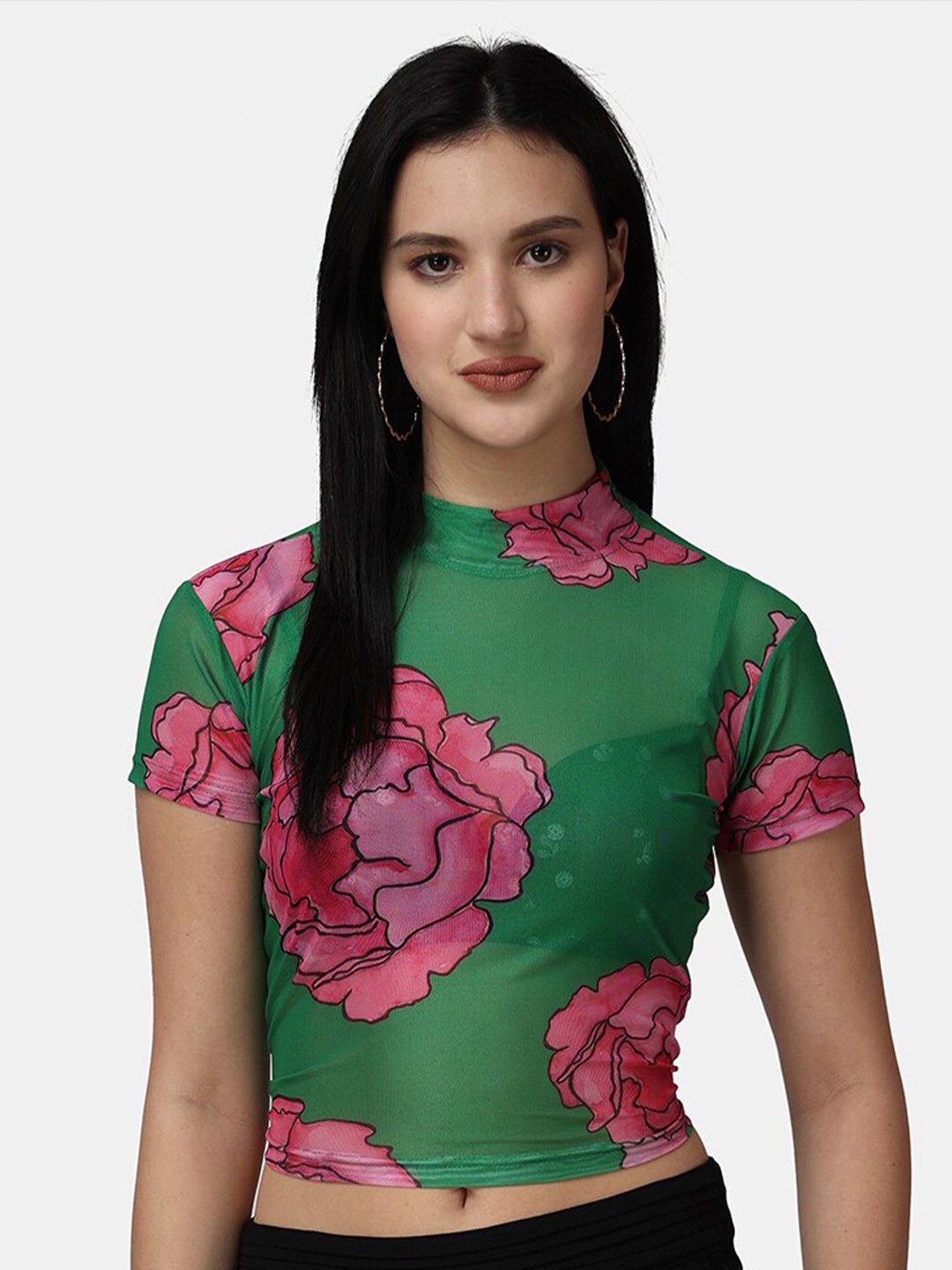 

Popwings Floral Printed Halter Neck Net Crop Top, Pink