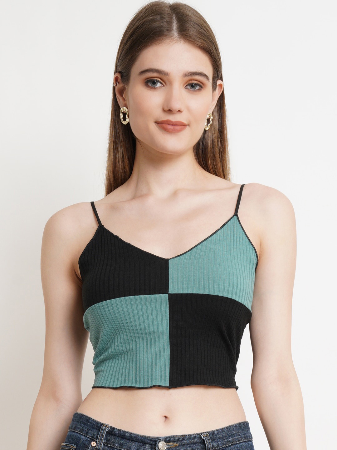 

Popwings Colourblocked Shoulder Straps Bralette Cotton Crop Top, Black