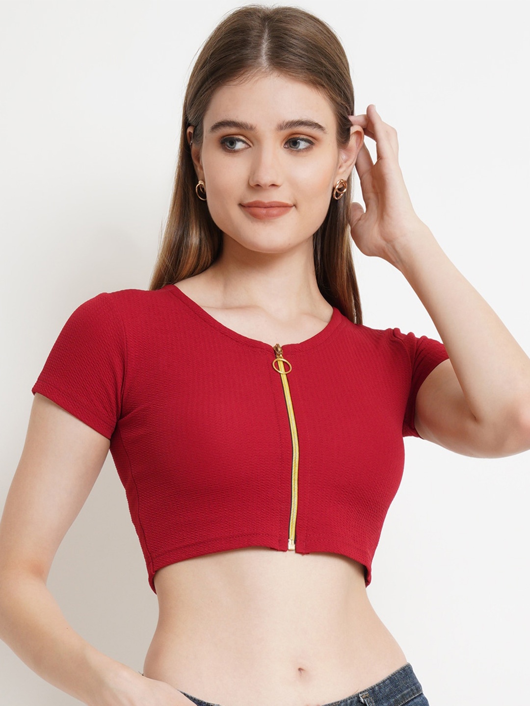 

Popwings Round Neck Short Sleeves Crop Top, Maroon