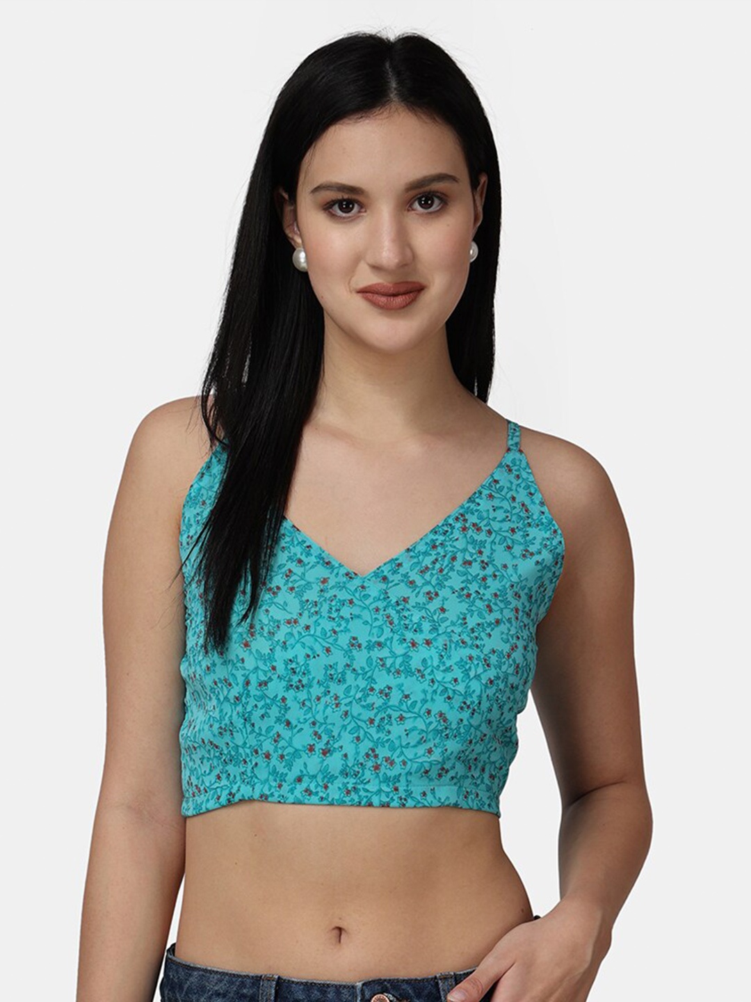 

Popwings Floral Printed Back Tie-Up V-Neck Georgette Bralette Crop Top, Turquoise blue