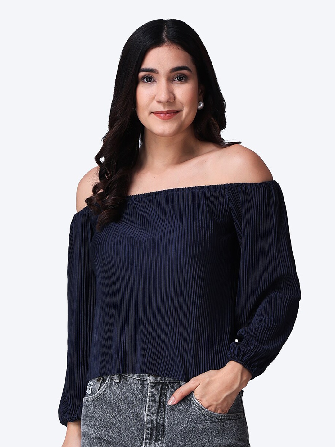 

Popwings Off-Shoulder Puff Sleeves Bardot Top, Navy blue