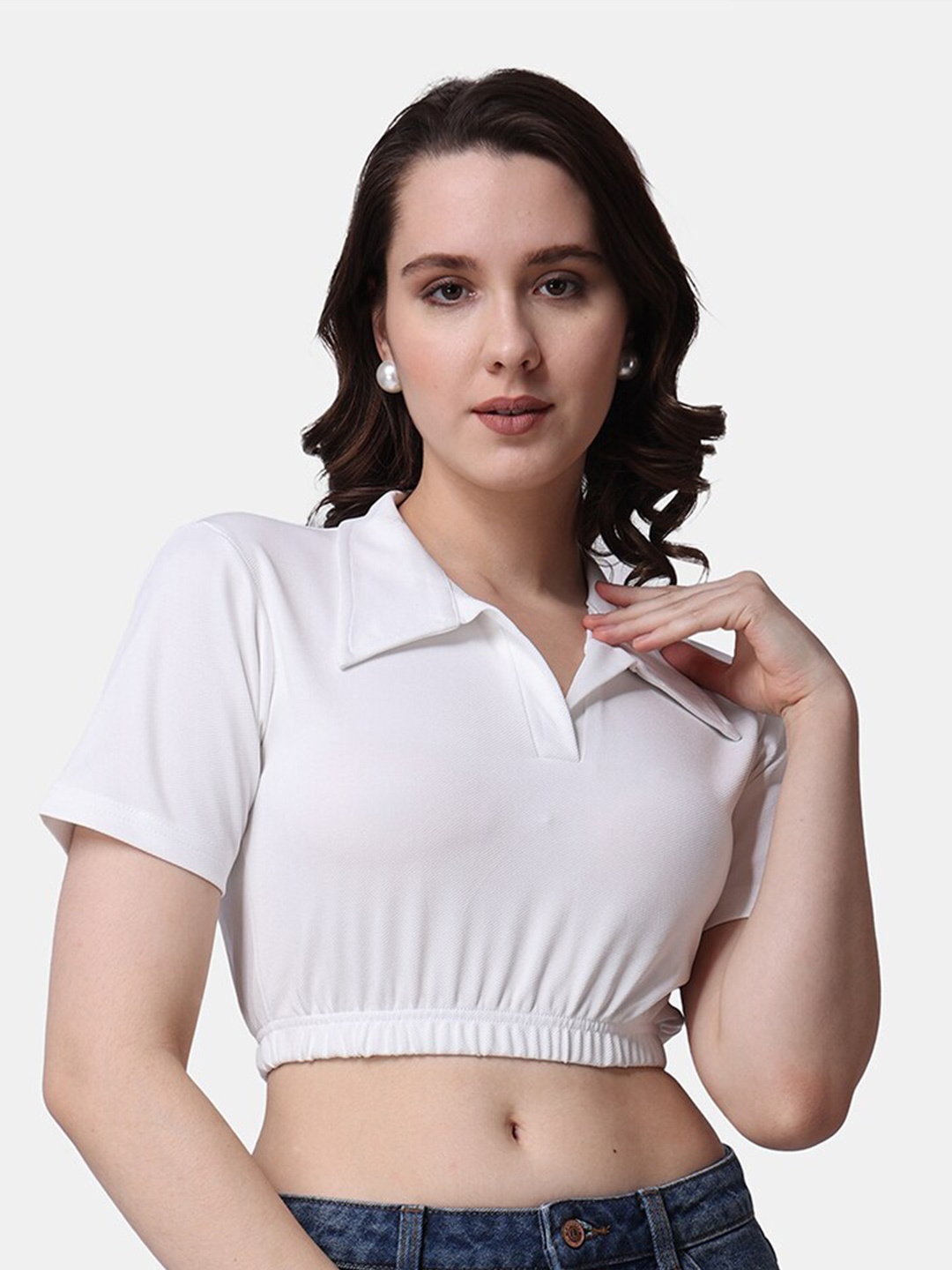 

Popwings Shirt Collar Blouson Crop Top, White