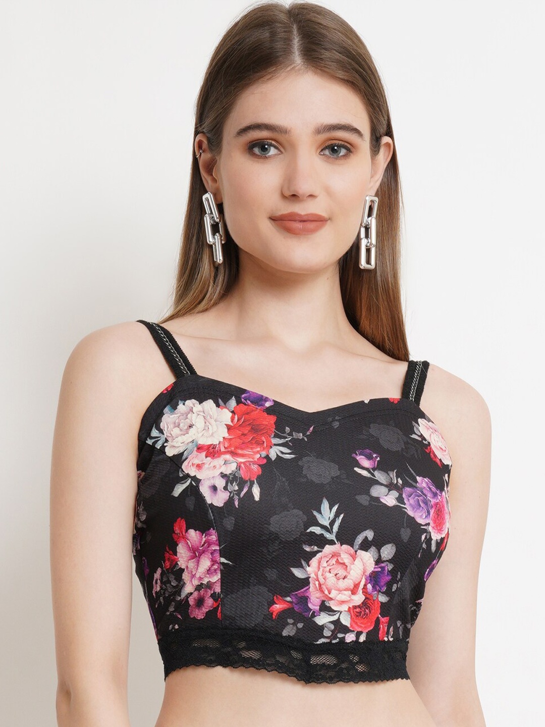 

Popwings Floral Printed Shoulder Straps Crop Top, Black