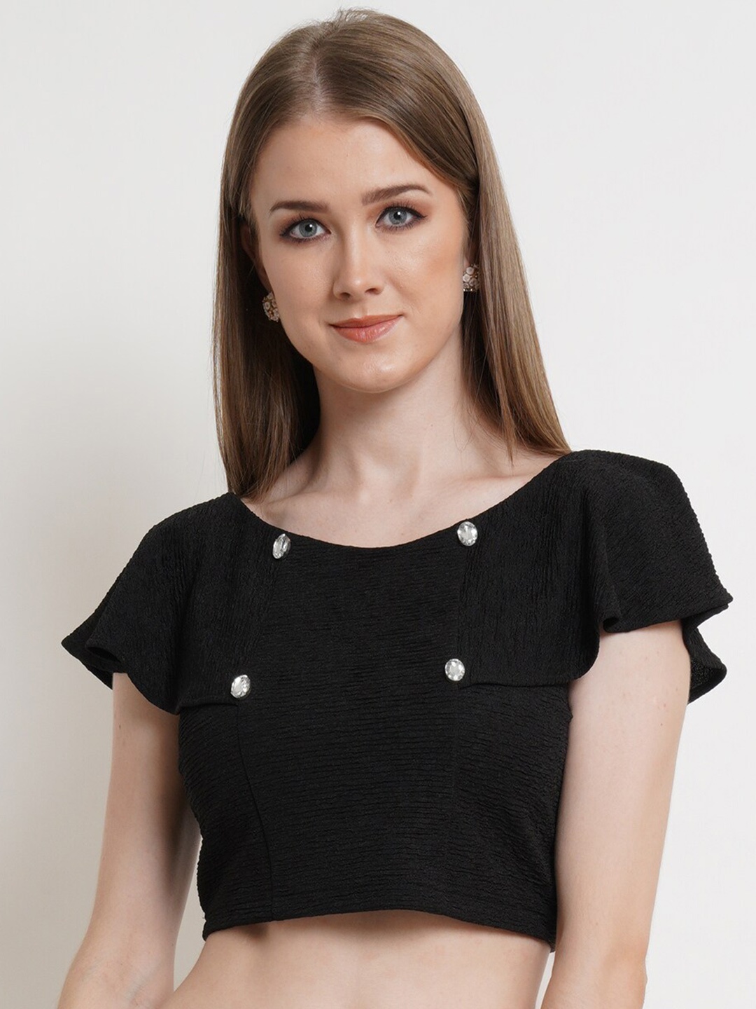 

Popwings Round Neck Extended Sleeves Crop Top, Black