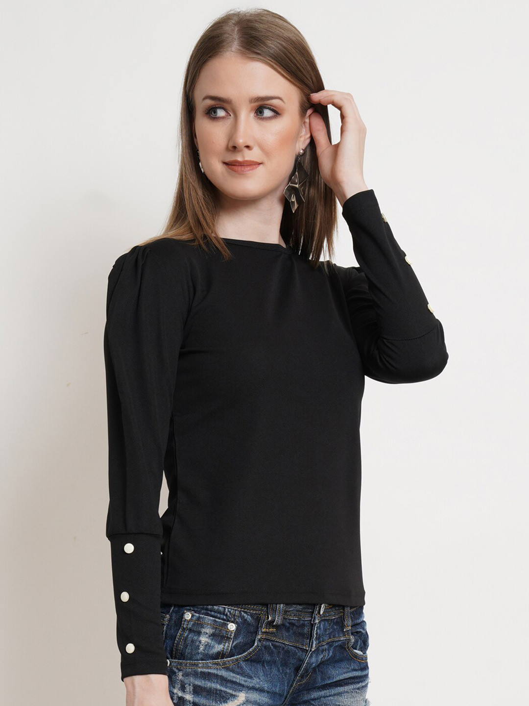 

Popwings Round Neck Puff Sleeves Top, Black