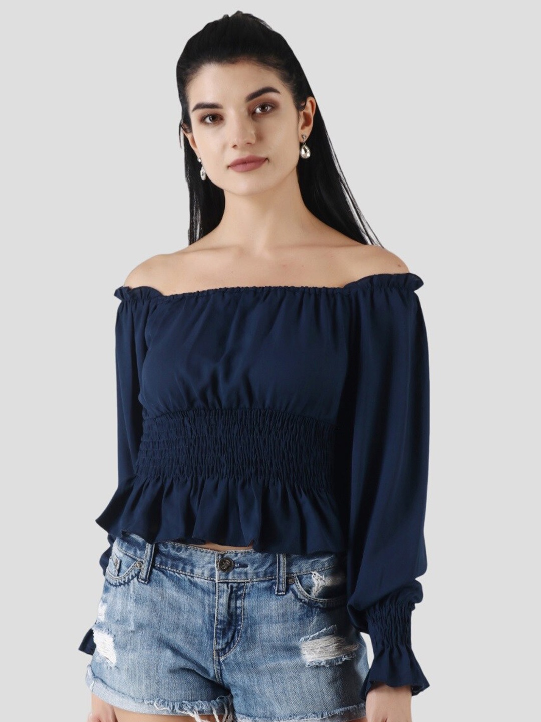 

Popwings Off-Shoulder Smocked Bardot Crop Top, Navy blue