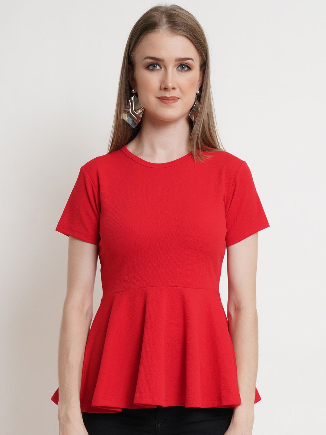 

Popwings Round Neck Short Sleeves Peplum Top, Red