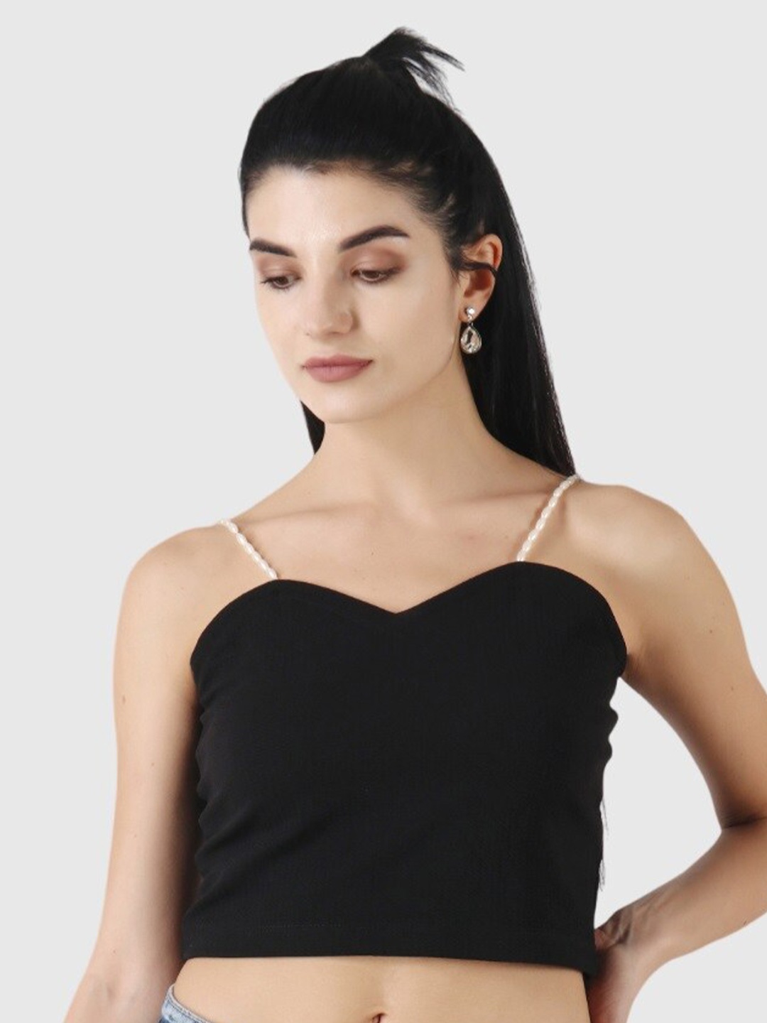 

Popwings Solid Sweetheart Neck Shoulder Strap Crop Top, Black