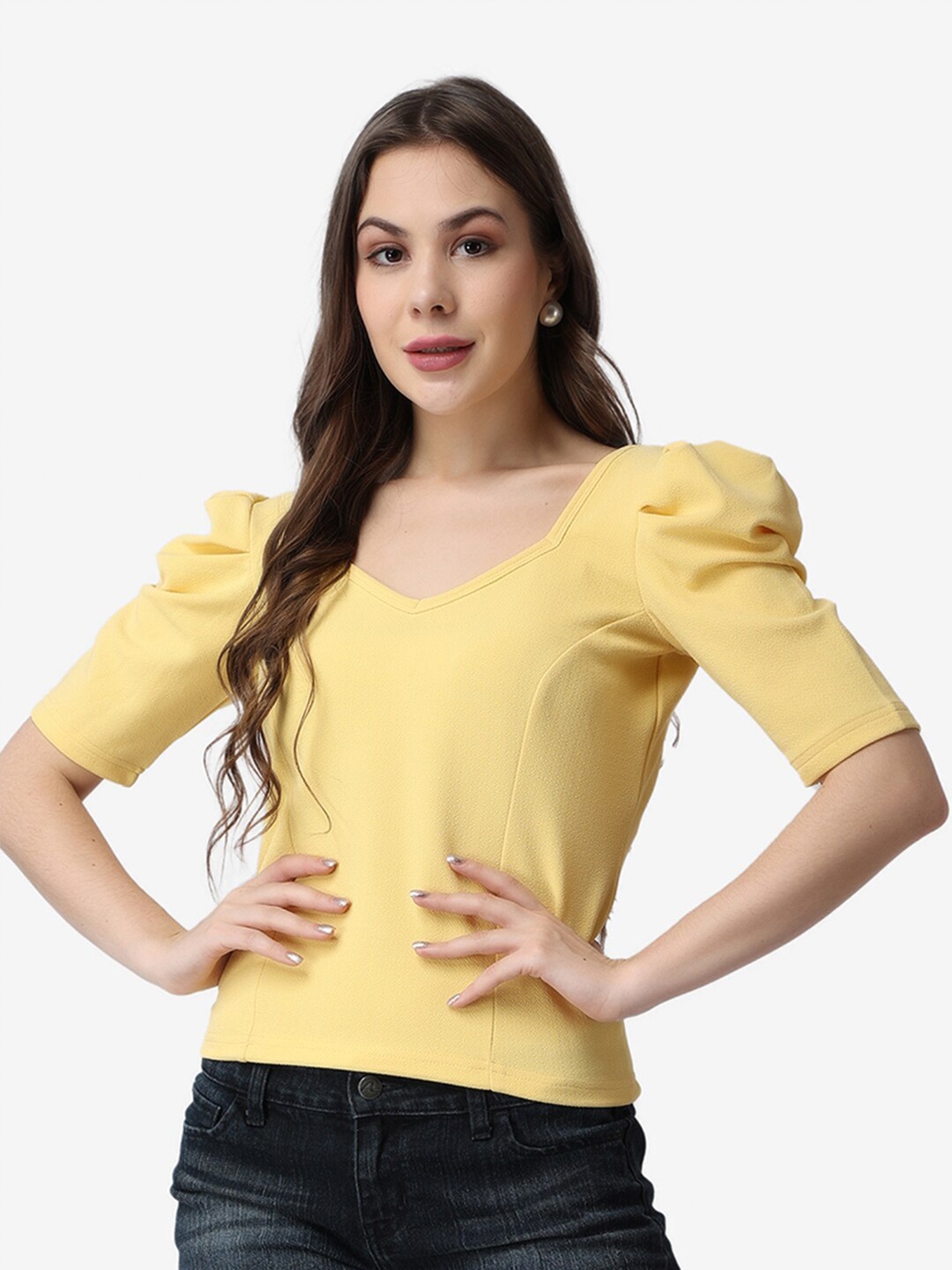 

Popwings Solid Puff Sleeve V-Neck Top, Yellow