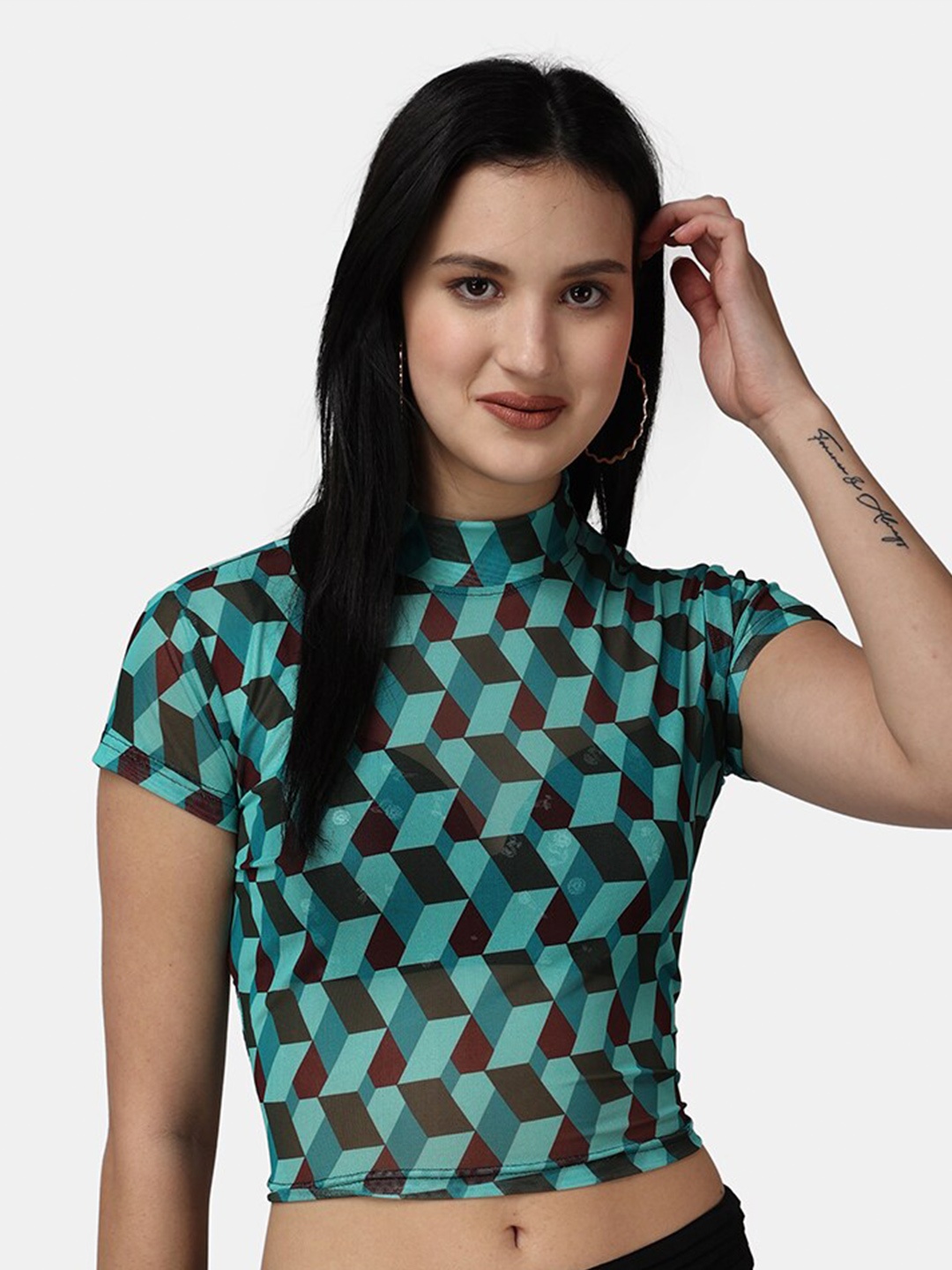 

Popwings Geometric Printed High Neck Semi Sheer Fitted Net Top, Green
