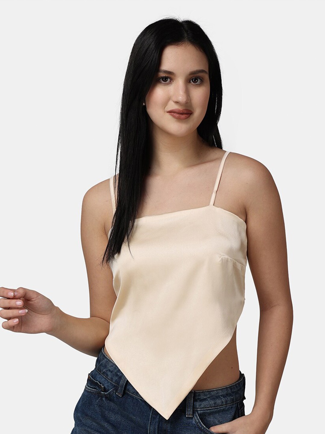 

Popwings Shoulder Straps Satin Styled Back Crop Top, Cream