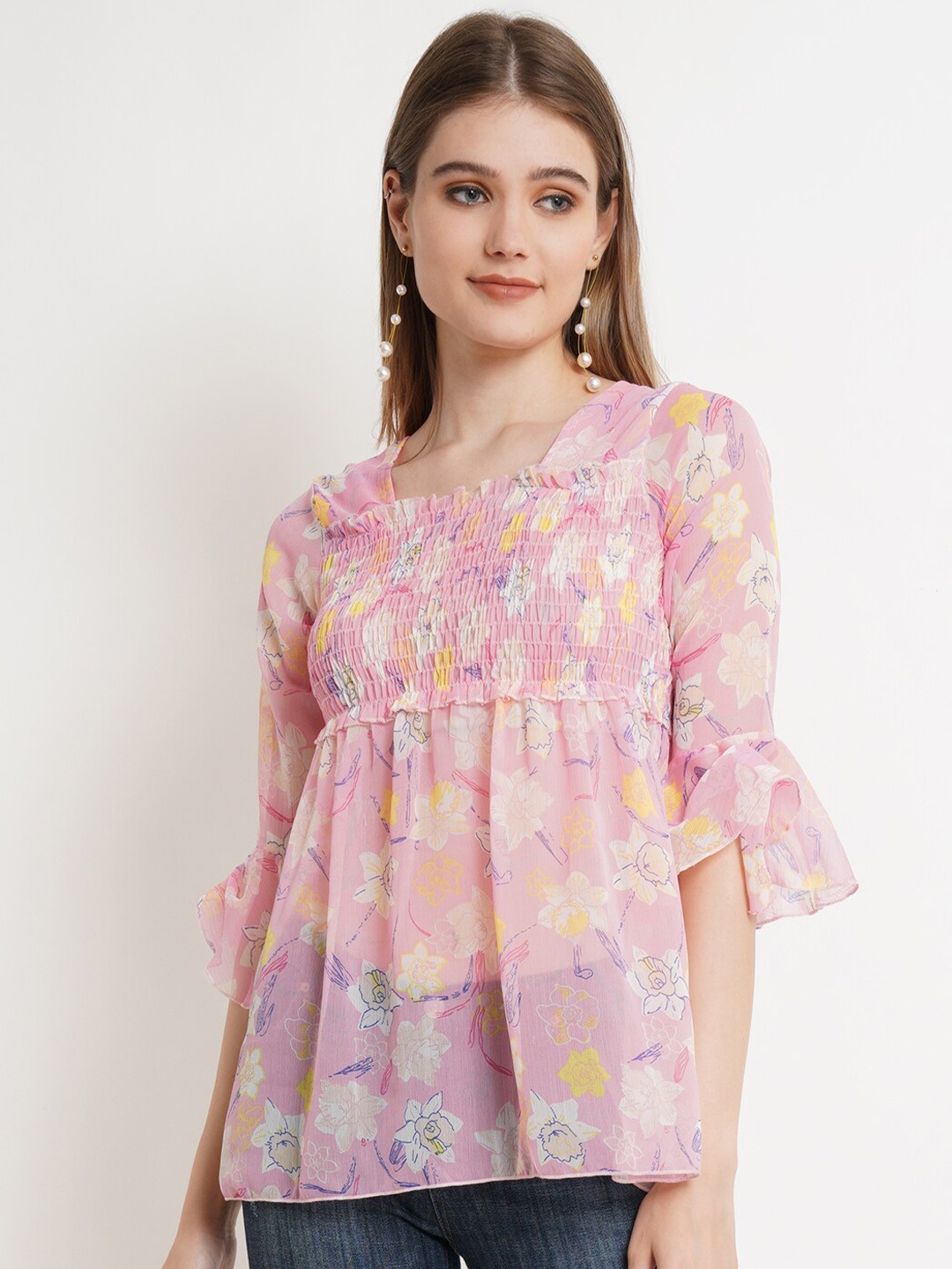 

Popwings Floral Printed Bell Sleeve Smocked Semi Sheer Chiffon Empire Top, Pink