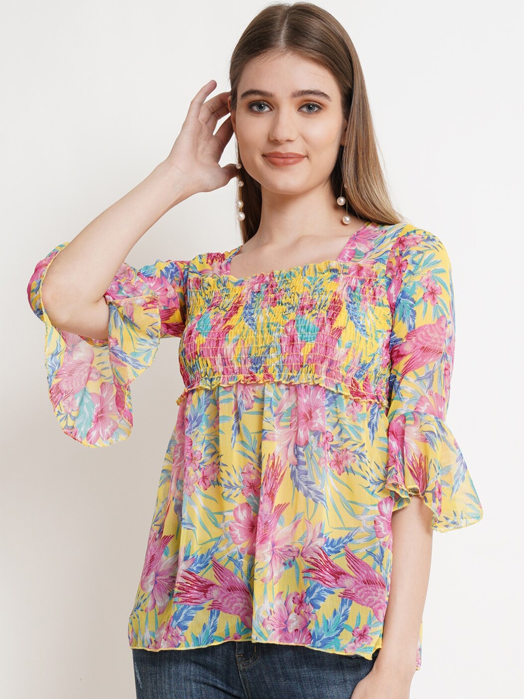 

Popwings Floral Printed Bell Sleeves Peplum Top, Yellow