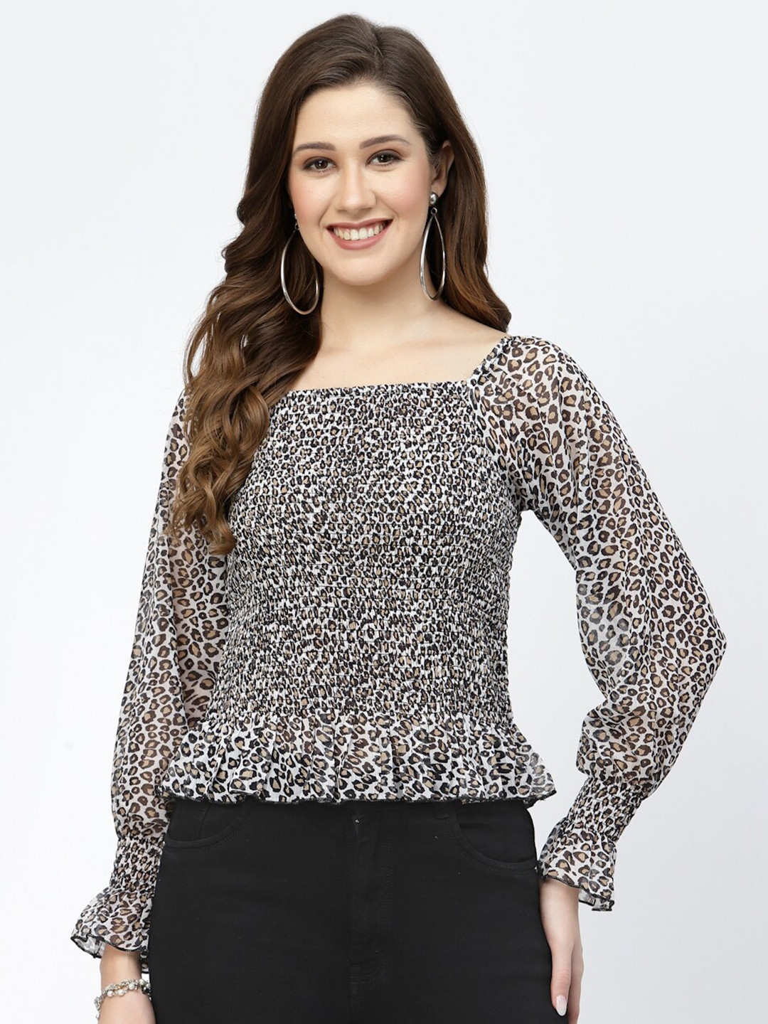 

Popwings Animal Printed Puff Sleeves Top, Brown
