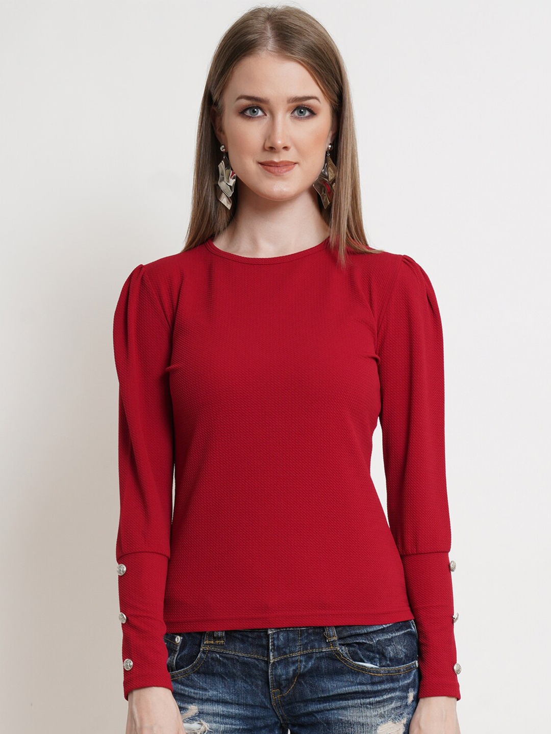 

Popwings Puff Sleeves Round Neck Top, Maroon